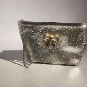 Metallic Embossed Cosmetics Wristlet Pouch with Gold Bow